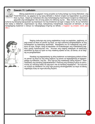 176
Bilang paghahanda sa gagawin mong proyekto sa huling bahagi ng Unang Markahan, ang
Travel Brochure, ay gagawa ka ng isang lathalain o feature tungkol sa kagandahan ng yamang
likas ng Asya. Dapat ay mababasa dito ang mahahalagang impormasyon tungkol sa inilalarawan,
gayundin ang kahalagahan nito at kung paano ito nililinang ng tao. Mas mainam kung makaka-
kuha ka ng istoryang kapupulutan ng inspirasyon na may kinalaman sa lugar o bagay na ito. Ito ay mamarka-
han batay a nilalaman, organisasyon ng ideya, kakayahang manghikayat, kaayusan at kalinisan, at mga
karagdagang kaalaman o istorya na nakapagbigay-ningning sa lathala. ( maglaan ng analytic rubric para
dito ).
Gawain 11: Lathalain
Naging mabunga ang iyong paglalakbay tungo sa pagtuklas, paglinang, at
pag-unawa sa likas na yaman ng Asya, sa mga suliraning pangkapaligiran at ang
kahalagahan ng balanseng ekolohikal. Napagtanto mo na malaganap ang prob-
lema sa lupa, hangin, tubig at kagubatan na kinakailangan ang malawakang pag-
kilos upang masolusyunan into. Anuman ang maging kalagayan at katayuang
ekolohikal ng Asya ay tiyak na may malaking epekto sa tao, sa bansa, at sa daig-
dig sa pangkalahatan.
Kasabay ng pagpapalawig ng ating kaalaman sa katangiang pisikal at likas
na yaman ng Asya ay ang ating pagtuon ng pansin sa tagapaglinang at tagapan-
galaga ng kalikasan, ang tao. Sino nga ba ang matatawag nating Asyano? Saan
nakabatay ang kanilang pagkakakilanlan? Paanong ang kanilang kultura at pamu-
muhay ay nahubog batay sa pag-ayon nila sa kanilang kapaligiran? Sa susunod
na modyul ay kikilalanin mo ang mga grupong etnolinggwistiko sa Asya na lalong
nagbibigay kulay sa mga kulturang Asyano.
 