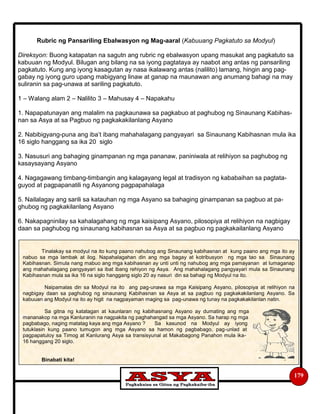 179
Rubric ng Pansariling Ebalwasyon ng Mag-aaral (Kabuuang Pagkatuto sa Modyul)
Direksyon: Buong katapatan na sagutn ang rubric ng ebalwasyon upang masukat ang pagkatuto sa
kabuuan ng Modyul. Bilugan ang bilang na sa iyong pagtataya ay naabot ang antas ng pansariling
pagkatuto. Kung ang iyong kasagutan ay nasa ikalawang antas (nalilito) lamang, hingin ang pag-
gabay ng iyong guro upang mabigyang linaw at ganap na maunawan ang anumang bahagi na may
suliranin sa pag-unawa at sariling pagkatuto.
1 – Walang alam 2 – Nalilito 3 – Mahusay 4 – Napakahu
1. Napapatunayan ang malalim na pagkaunawa sa pagkabuo at paghubog ng Sinaunang Kabihas-
nan sa Asya at sa Pagbuo ng pagkakakilanlang Asyano
2. Nabibigyang-puna ang iba’t ibang mahahalagang pangyayari sa Sinaunang Kabihasnan mula ika
16 siglo hanggang sa ika 20 siglo
3. Nasusuri ang bahaging ginampanan ng mga pananaw, paniniwala at relihiyon sa paghubog ng
kasaysayang Asyano
4. Nagagawang timbang-timbangin ang kalagayang legal at tradisyon ng kababaihan sa pagtata-
guyod at pagpapanatili ng Asyanong pagpapahalaga
5. Nailalagay ang sarili sa katauhan ng mga Asyano sa bahaging ginampanan sa pagbuo at pa-
ghubog ng pagkakilanlang Asyano
6. Nakapagninilay sa kahalagahang ng mga kaisipang Asyano, pilosopiya at relihiyon na nagbigay
daan sa paghubog ng sinaunang kabihasnan sa Asya at sa pagbuo ng pagkakailanlang Asyano
Tinalakay sa modyul na ito kung paano nahubog ang Sinaunang kabihasnan at kung paano ang mga ito ay
nabuo sa mga lambak at ilog. Napahalagahan din ang mga bagay at kotribusyon ng mga tao sa Sinaunang
Kabihasnan. Simula nang mabuo ang mga kabihasnan ay unti unti ng nahubog ang mga pamayanan at lumaganap
ang mahahalagang pangyayari sa ibat ibang rehiyon ng Asya. Ang mahahalagang pangyayari mula sa Sinaunang
Kabihasnan mula sa ika 16 na siglo hanggang siglo 20 ay nasuri din sa bahagi ng Modyul na ito.
Naipamalas din sa Modyul na ito ang pag-unawa sa mga Kaisipang Asyano, pilosopiya at relihiyon na
nagbigay daan sa paghubog ng sinaunang Kabihasnan sa Asya at sa pagbuo ng pagkakakilanlang Asyano. Sa
kabuuan ang Modyul na ito ay higit na nagpayaman maging sa pag-unawa ng tunay na pagkakakilanlan natin.
Sa gitna ng katatagan at kaunlaran ng kabihasnang Asyano ay dumating ang mga
mananakop na mga Kanluranin na nagpakita ng paghahangad sa mga Asyano. Sa harap ng mga
pagbabago, naging matatag kaya ang mga Asyano ? Sa kasunod na Modyul ay iyong
tutuklasin kung paano tumugon ang mga Asyano sa hamon ng pagbabago, pag-unlad at
pagpapatuloy sa Timog at Kanlurang Asya sa transisyunal at Makabagong Panahon mula ika-
16 hanggang 20 siglo.
Binabati kita!
 