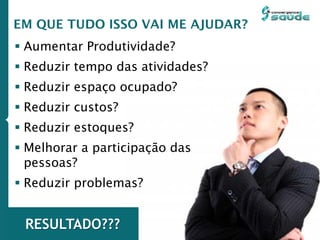 RESULTADO???
 Aumentar Produtividade?
 Reduzir tempo das atividades?
 Reduzir espaço ocupado?
 Reduzir custos?
 Reduzir estoques?
 Melhorar a participação das
pessoas?
 Reduzir problemas?
EM QUE TUDO ISSO VAI ME AJUDAR?
 