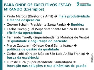 PARA ONDE OS EXECUTIVOS ESTÃO
MIRANDO (Exemplos)
 Paulo Marcos (Diretor da Amil)  mais produtividade
e menos desperdício
 George Schain (Presidente Santa Paula)  liquidez
 Carlos Buchpiguel (Superintendente Médico HCOR) 
eficiência operacional
 Fernando Torelly (Superintendente Moinhos de Vento)
 qualidade e segurança do paciente
 Marco Zaccarelli (Diretor Geral Santa Joana) 
políticas de gestão da qualidade
 Carlos Lofti (Diretor Médico São Luiz Anália Franco) 
busca da excelência
 Luiz de Luca (Superintendente Samaritano) 
inovação nas soluções e nas dinâmicas de gestão
Healthers
 