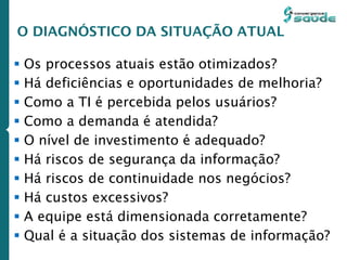  Os processos atuais estão otimizados?
 Há deficiências e oportunidades de melhoria?
 Como a TI é percebida pelos usuários?
 Como a demanda é atendida?
 O nível de investimento é adequado?
 Há riscos de segurança da informação?
 Há riscos de continuidade nos negócios?
 Há custos excessivos?
 A equipe está dimensionada corretamente?
 Qual é a situação dos sistemas de informação?
O DIAGNÓSTICO DA SITUAÇÃO ATUAL
 