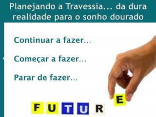 Planejando a Travessia... da dura
realidade para o sonho dourado
Continuar a fazer…
Começar a fazer…
Parar de fazer…
 