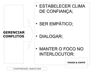 F.R.BITTENCOURT, AGOSTO 2009
• ESTABELECER CLIMA
DE CONFIANÇA;
• SER EMPÁTICO;
• DIALOGAR;
• MANTER O FOCO NO
INTERLOCUTOR:
FEIGES & COMTE
GERENCIAR
CONFLITOS
 