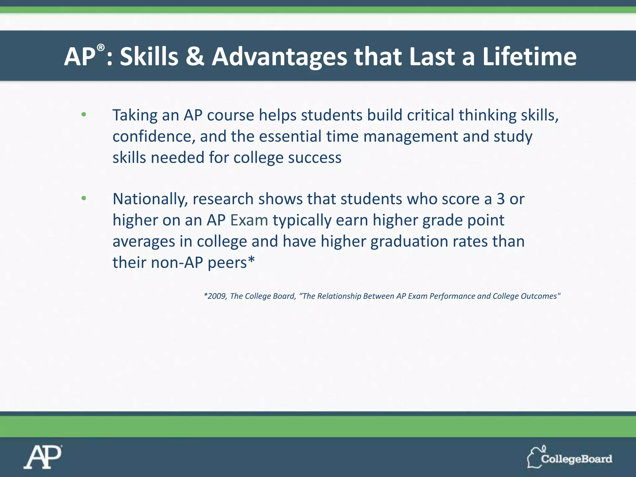 • Taking an AP course helps students build critical thinking skills,
confidence, and the essential time management and study
skills needed for college success
• Nationally, research shows that students who score a 3 or
higher on an AP Exam typically earn higher grade point
averages in college and have higher graduation rates than
their non-AP peers*
*2009, The College Board, “The Relationship Between AP Exam Performance and College Outcomes"
AP®: Skills & Advantages that Last a Lifetime
 