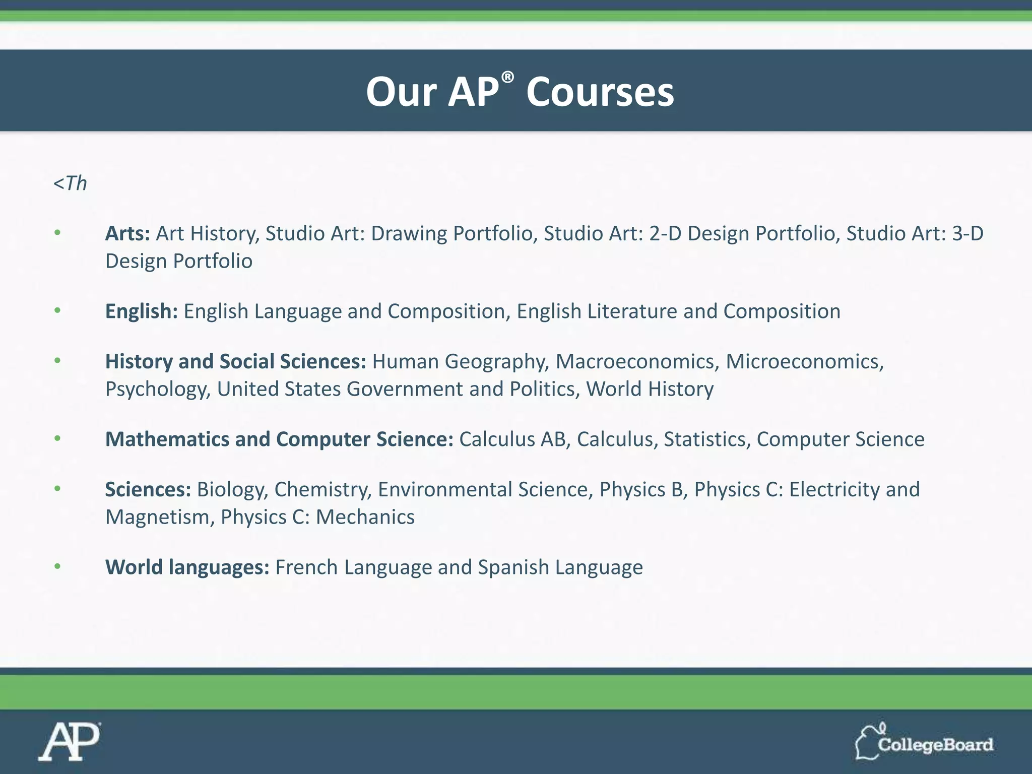 <Th
• Arts: Art History, Studio Art: Drawing Portfolio, Studio Art: 2-D Design Portfolio, Studio Art: 3-D
Design Portfolio
• English: English Language and Composition, English Literature and Composition
• History and Social Sciences: Human Geography, Macroeconomics, Microeconomics,
Psychology, United States Government and Politics, World History
• Mathematics and Computer Science: Calculus AB, Calculus, Statistics, Computer Science
• Sciences: Biology, Chemistry, Environmental Science, Physics B, Physics C: Electricity and
Magnetism, Physics C: Mechanics
• World languages: French Language and Spanish Language
Our AP® Courses
 