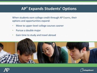 AP® Expands Students’ Options
When students earn college credit through AP Exams, their
options and opportunities expand:
• Move to upper-level college courses sooner
• Pursue a double major
• Gain time to study and travel abroad
 