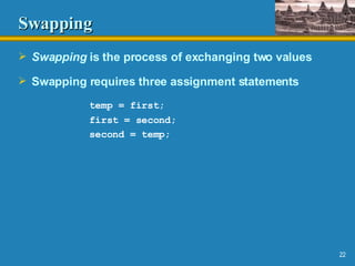 Swapping Swapping  is the process of exchanging two values Swapping requires three assignment statements temp = first; first = second; second = temp; 