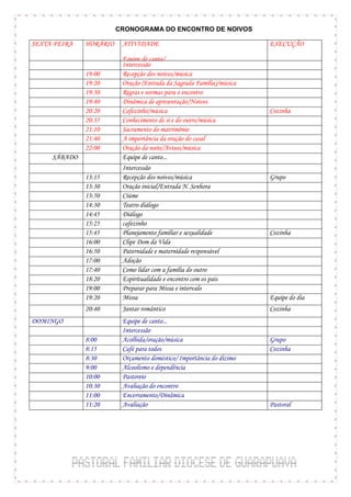 CRONOGRAMA DO ENCONTRO DE NOIVOS

SEXTA-FEIRA   HORÁRIO    ATIVIDADE                                    EXECUÇÃO

                         Equipe de canto/
                         Intercessão
              19:00      Recepção dos noivos/música
              19:20      Oração (Entrada da Sagrada Família)/música
              19:30      Regras e normas para o encontro
              19:40      Dinâmica de apresentação/Noivos
              20:20      Cafezinho/música                             Cozinha
              20:35      Conhecimento de si e do outro/música
              21:10      Sacramento do matrimônio
              21:40      A importância da oração do casal
              22:00      Oração da noite/Avisos/música
     SÁBADO              Equipe de canto...
                         Intercessão
              13:15      Recepção dos noivos/música                   Grupo
              13:30      Oração inicial/Entrada N. Senhora
              13:50      Ciúme
              14:30      Teatro diálogo
              14:45      Diálogo
              15:25      cafezinho
              15:45      Planejamento familiar e sexualidade          Cozinha
              16:00      Clipe Dom da Vida
              16:50      Paternidade e maternidade responsável
              17:00      Adoção
              17:40      Como lidar com a família do outro
              18:20      Espiritualidade e encontro com os pais
              19:00      Preparar para Missa e intervalo
              19:20      Missa                                        Equipe do dia
              20:40      Jantar romântico                             Cozinha
DOMINGO                  Equipe de canto...
                         Intercessão
              8:00       Acolhida/oração/música                       Grupo
              8:15       Café para todos                              Cozinha
              8:30       Orçamento doméstico/ Importância do dízimo
              9:00       Alcoolismo e dependência
              10:00      Pastoreio
              10:30      Avaliação do encontro
              11:00      Encerramento/Dinâmica
              11:20      Avaliação                                    Pastoral
 