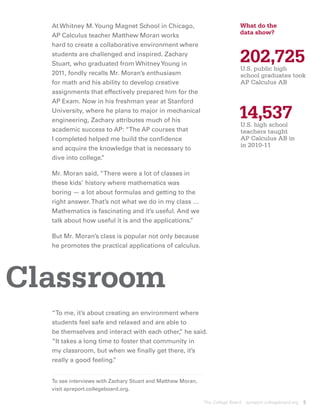 At Whitney M. Young Magnet School in Chicago,                              What do the
  AP Calculus teacher Matthew Moran works                                    data show?
  hard to create a collaborative environment where
  students are challenged and inspired. Zachary
  Stuart, who graduated from Whitney Young in
                                                                             202,725
                                                                             U.S. public high
  2011, fondly recalls Mr. Moran’s enthusiasm                                 school graduates took
  for math and his ability to develop creative                                AP Calculus AB
  assignments that effectively prepared him for the
  AP Exam. Now in his freshman year at Stanford
  University, where he plans to major in mechanical
  engineering, Zachary attributes much of his
                                                                            14,537
                                                                            U.S. high school
  academic success to AP: “The AP courses that                               teachers taught
  I completed helped me build the confidence                                 AP Calculus AB in
                                                                             in 2010-11
  and acquire the knowledge that is necessary to
  dive into college.
                   ”

  Mr. Moran said, “There were a lot of classes in
  these kids’ history where mathematics was
  boring — a lot about formulas and getting to the
  right answer. That’s not what we do in my class …
  Mathematics is fascinating and it’s useful. And we
  talk about how useful it is and the applications.
                                                  ”

  But Mr. Moran’s class is popular not only because
  he promotes the practical applications of calculus.




Classroom
  “To me, it’s about creating an environment where
  students feel safe and relaxed and are able to
  be themselves and interact with each other, he said.
                                             ”
  “It takes a long time to foster that community in
  my classroom, but when we finally get there, it’s
  really a good feeling.”


  To see interviews with Zachary Stuart and Matthew Moran,
  visit apreport.collegeboard.org.

                                                             The College Board   apreport.collegeboard.org   5
 