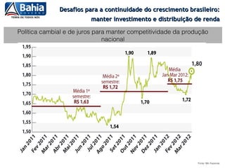 Desafios para a continuidade do crescimento brasileiro:
                         manter investimento e distribuição de renda

Política cambial e de juros para manter competitividade da produção
                               nacional




                                                               Fonte: Min Fazenda
 