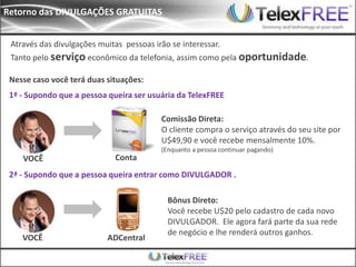 Retorno das DIVULGAÇÕES GRATUITAS


 Através das divulgações muitas pessoas irão se interessar.
 Tanto pelo serviço econômico da telefonia, assim como pela oportunidade.

 Nesse caso você terá duas situações:
 1ª - Supondo que a pessoa queira ser usuária da TelexFREE

                                          Comissão Direta:
                                          O cliente compra o serviço através do seu site por
                                          U$49,90 e você recebe mensalmente 10%.
                                          (Enquanto a pessoa continuar pagando)
    VOCÊ                     Conta
 2ª - Supondo que a pessoa queira entrar como DIVULGADOR .

                                            Bônus Direto:
                                            Você recebe U$20 pelo cadastro de cada novo
                                            DIVULGADOR. Ele agora fará parte da sua rede
                                            de negócio e lhe renderá outros ganhos.
    VOCÊ                   ADCentral
 