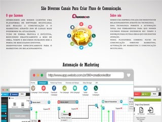 São Diversos Canais Para Criar Fluxo de Comunicação.
Automação de Marketing
oferecemos aos nossos clientes uma
plataforma de software multicanal
que realiza a comunicação e o
marketing através dos 16 canais mais
poderosos da atualidade.
tudo de forma prática e intuitiva,
reduzindo drasticamente a mão de
obra, tempo e recursos humanos sem a
perda de resultados efetivos.
desenvolvido especificamente para o
marketing de relacionamento.
somos uma empresa focada em desenvolver
relacionamentos através da tecnologia.
essa tecnologia permite a automação
total das ferramentas para que nossos
usuários possam distribuir seu tempo e
esforços para outras áreas que necessitem
atenção.
nossa plataforma combina fluxo de
comunicação inbound marketing,
automação do marketing e comunicação
multicanal.
O que fazemos Sobre nós
 