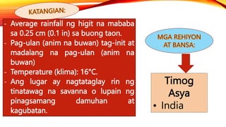 - Average rainfall ng higit na mababa
sa 0.25 cm (0.1 in) sa buong taon.
- Pag-ulan (anim na buwan) tag-init at
madalang na pag-ulan (anim na
buwan)
- Temperature (klima): 16°C.
- Ang lugar ay nagtataglay rin ng
tinatawag na savanna o lupain ng
pinagsamang damuhan at
kagubatan.
Timog
Asya
• India
 