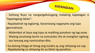 - Salitang Ruso na nangangahulugang malaking kapatagan o
“kapatagang latian”.
- Napakatindi ng taglamig. Karaniwang nagyeyelo ang lupa
(permafrost).
- Malambot at basa ang lupa sa maikling panahon ng tag-araw.
- Walang anumang tanim na tumutubo rito at mangilan-ngilang
tao lamang ang naninirahan dito.
• Sa dulong hilaga at timog ang tundra ay ang rehiyong ice cap.
Napakalamig sa rehiyong ito sa lahat ng panahon.
 