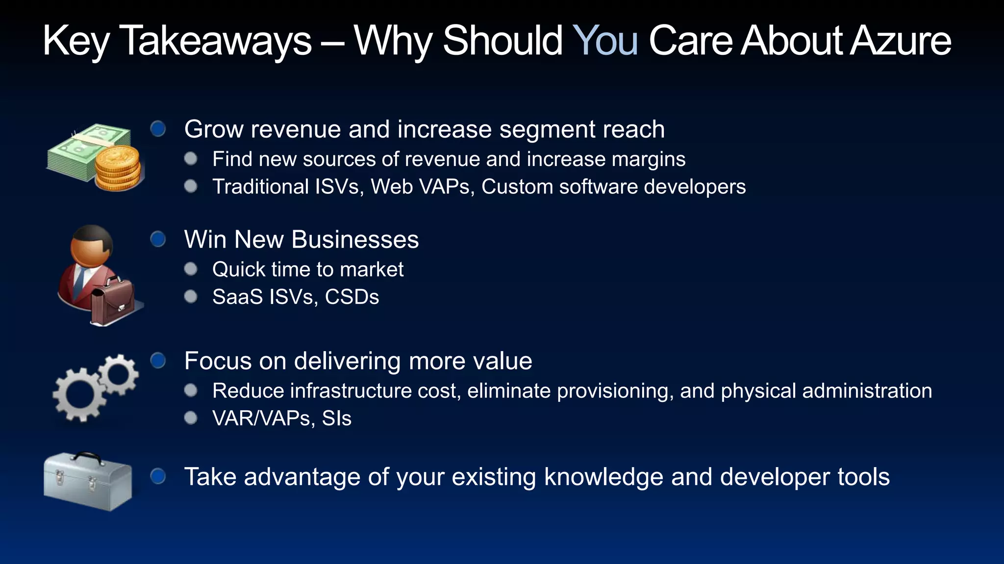 Key Takeaways – Why Should You Care About AzureGrow revenue and increase segment reachFind new sources of revenue and increase marginsTraditional ISVs, Web VAPs, Custom software developersWin New BusinessesQuick time to marketSaaS ISVs, CSDsFocus on delivering more valueReduce infrastructure cost, eliminate provisioning, and physical administrationVAR/VAPs, SIsTake advantage of your existing knowledge and developer tools