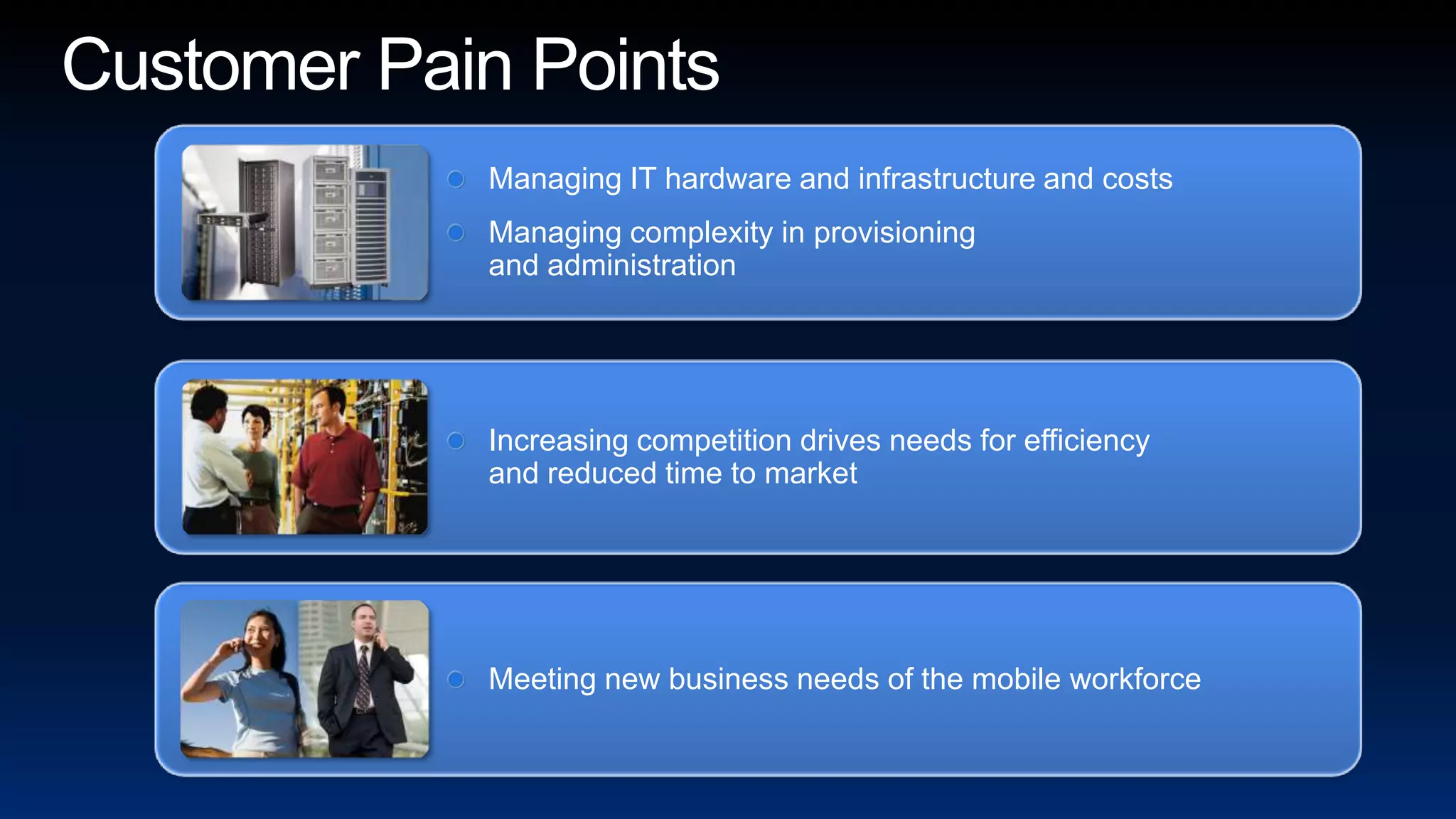 Customer Pain PointsManaging IT hardware and infrastructure and costsManaging complexity in provisioning and administrationIncreasing competition drives needs for efficiency and reduced time to marketMeeting new business needs of the mobile workforce