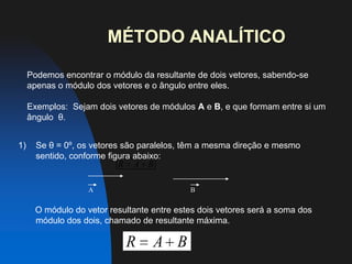ADIÇÃO VETORIALDeterminação do vetor soma, ou vetor resultante a partir de dois ou mais vetores.Pode ser efetuada através do método gráfico e do método analítico.