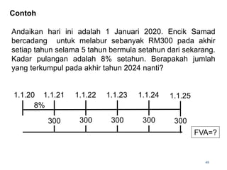 Andaikan hari ini adalah 1 Januari 2020. Encik Samad
bercadang untuk melabur sebanyak RM300 pada akhir
setiap tahun selama 5 tahun bermula setahun dari sekarang.
Kadar pulangan adalah 8% setahun. Berapakah jumlah
yang terkumpul pada akhir tahun 2024 nanti?
1.1.21 1.1.22 1.1.23 1.1.24
300 300
300
300
1.1.20 1.1.25
300
8%
FVA=?
48
Contoh
 