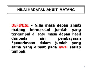 NILAI HADAPAN ANUITI MATANG
DEFINISI - Nilai masa depan anuiti
matang bermaksud jumlah yang
terkumpul di satu masa depan hasil
daripada siri pembayaran
/penerimaan dalam jumlah yang
sama yang dibuat pada awal setiap
tempoh.
51
 