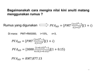64
Bagaimanakah cara mengira nilai kini anuiti matang
menggunakan rumus ?
Rumus yang digunakan
Di mana: PMT=RM3000, i=15%, n=3,
𝑃𝑉𝐴𝐴𝐷 = 𝑅𝑀7,877.13
𝑃𝑉𝐴𝐴𝐷 = [𝑃𝑀𝑇
1+𝑖 𝑛−1
𝑖(1+𝑖)𝑛 ](1 + 𝑖)
𝑃𝑉𝐴𝐴𝐷 = [3000
1+0.15 3−1
0.15(1+0.15)3](1 + 0.15)
𝑃𝑉𝐴𝐴𝐷 = [𝑃𝑀𝑇
1+𝑖 𝑛−1
𝑖(1+𝑖)𝑛 ](1 + 𝑖)
 