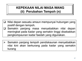 87
 Nilai depan sesuatu amaun mempunyai hubungan yang
positif dengan tempoh.
 Semakin panjang masa menyebabkan nilai depan
meningkat pada kadar yang semakin tinggi disebabkan
pengkompaunan kadar faedah yang digunakan.
 Semakin panjang tempoh pendiskaunan menyebabkan
nilai kini akan berkurang pada kadar yang semakin
kurang
KEPEKAAN NILAI MASA WANG
(ii) Perubahan Tempoh (n)
 