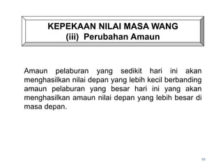 95
KEPEKAAN NILAI MASA WANG
(iii) Perubahan Amaun
Amaun pelaburan yang sedikit hari ini akan
menghasilkan nilai depan yang lebih kecil berbanding
amaun pelaburan yang besar hari ini yang akan
menghasilkan amaun nilai depan yang lebih besar di
masa depan.
 