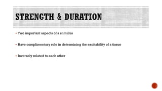 ▪ Two important aspects of a stimulus
▪ Have complimentary role in determining the excitability of a tissue
▪ Inversely related to each other
 