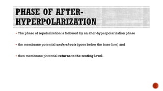 ▪ The phase of repolarization is followed by an after-hyperpolarization phase
▪ the membrane potential undershoots (goes below the base line) and
▪ then membrane potential returns to the resting level.
 