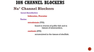 Na+ Channel Blockers
Local Anesthetics
Lidocaine, Procaine
Toxins
tetrodotoxin (TTX)
found in ovaries of puffer fish and in
tissues of salamanders,
saxitoxin (STX)
accumulated in the tissues of shellfish.
 