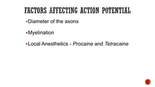▪Diameter of the axons
▪Myelination
▪Local Anesthetics - Procaine and Tetracaine
 