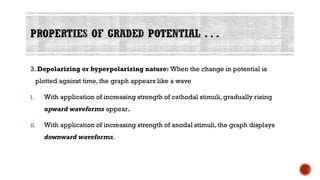 3. Depolarizing or hyperpolarizing nature: When the change in potential is
plotted against time, the graph appears like a wave
I. With application of increasing strength of cathodal stimuli, gradually rising
upward waveforms appear.
II. With application of increasing strength of anodal stimuli, the graph displays
downward waveforms.
 
