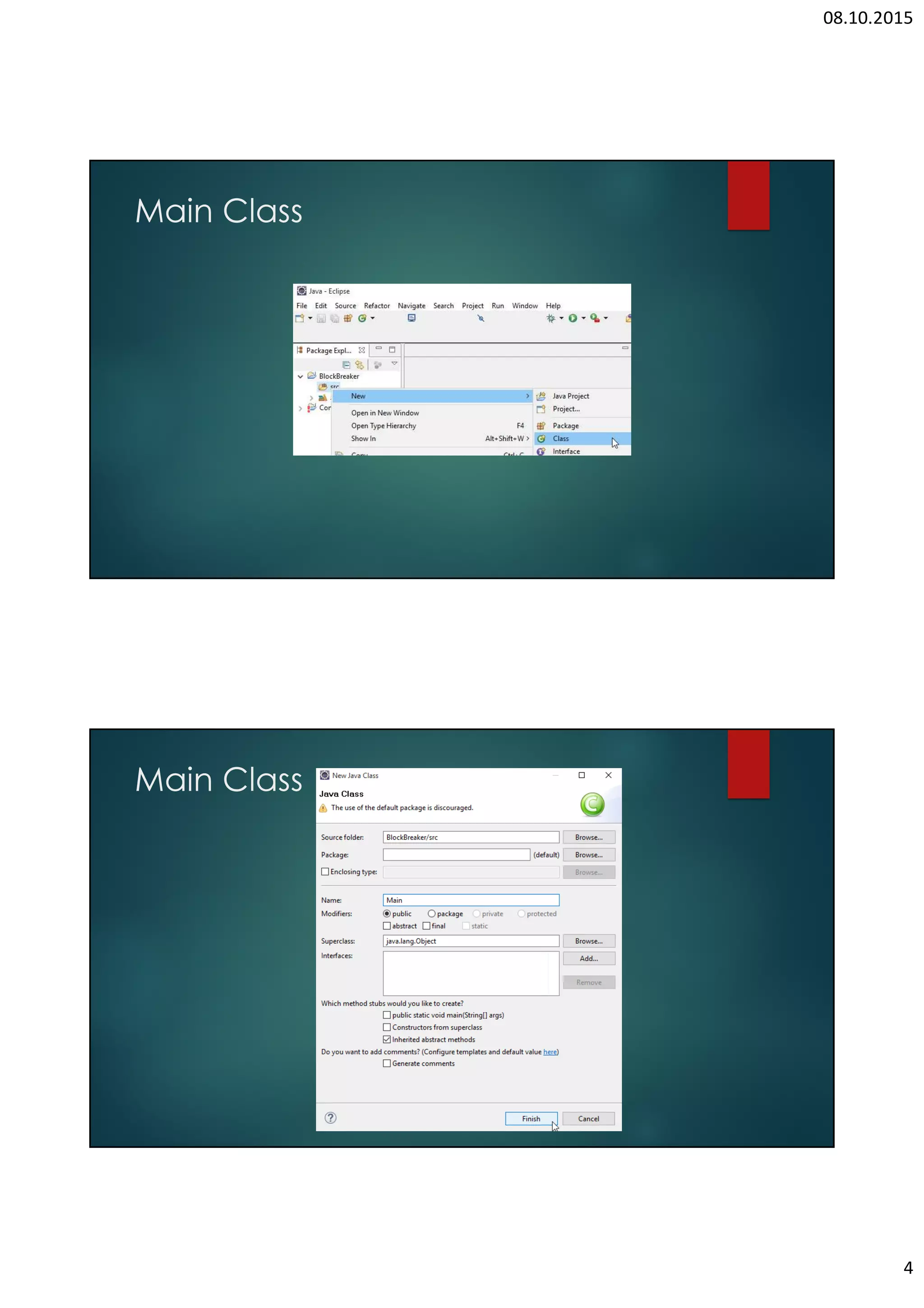 THIS WORK IS LICENSED UNDER A CREATIVE COMMONS ATTRIBUTION 4.0 INTERNATIONAL LICENSE | • To show the bricks we need to add code that shown on the left side to Main class • Than we get the screen shown below 2.5 ANIMATE THE OBJECTS • We need to create runnable Animate class to animate the objects on the screen. 