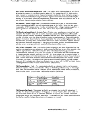 PowerXL DG1 Trouble Shooting Guide Application Note AP040085EN
Effective September 2014
EATON CORPORATION www.eaton.com 11
F60 Control Board Over Temperature Fault – The control board over temperature fault occurs
when the temperature of the control board is below -30°C or greater than 85°C. If this fault oc-
curs, it should be handled similar to the over temperature fault on the drive. Verify the tempera-
ture of the control section by reading the Modbus register. Check all connections and verify the
ambient air of the control section is in an adequate environment. If the fault continues and no is-
sue is found, it would require replacing the control board.
F61 Internal Control Supply Fault – The internal control supply fault is an indication that the
control board internal 24VDC supply is outside the range of 18-27VDC. When this fault occurs,
measure the 24VDC output coming from the control board. If the voltage reads okay, perform a
power cycle to see if fault clears. If fault is not able to clear, replace the control board.
Voltage Warning/Fault Battery State
<.5V No Warning/ Fault Not Installed
>.1V No Warning/Fault Installed
0.6V< >2V Warning/Fault Change Battery
2V< >3.8 No Warning /Fault Installed
>3.8V Warning Over Voltage
F65 Replace Fan Fault – The replace fan fault is an indication that the fan life is less than 2
months. The drive monitors this based off the power on time of the drive. If the fan is set to not
run all the time, the fan life can be extended. When this fault occurs, it is possible to reset the
fault and the fan run time counter will reset (even if it’s a new or old fan). This is just an indication
that the fan may fail shortly and a replacement may soon be needed.
F62 Too Many Speed Search Restarts Fault – The too many speed search restarts fault is an
indication that the drive is not able to see the motor connected when performing a flying start.
The drive performs 5 speed searches in the forward direction and 5 in the reverse direction. If it is
not able to find the motor, the drive will fault out ending the start sequence. This could be an in-
dication the motor is disconnected or there is a contactor that is not functioning between the drive
and the motor. To verify, check connections at the drive. If there is a contactor between the drive
and the motor, verify that is pulling in. If everything is connected properly, it could be an issue
with the current sensing circuit that is used to find the direction of the motor.
F63 Current Unbalance Fault – The output current unbalanced fault is the drive monitoring the
positive and negative current swings on a single phase of all 3 phase current. If the absolute value
of them is greater than a 20% differ-ence, the drive will shut down on an output current
unbalanced fault. When this fault occurs, it is typically an internal issue with the drive where one
of the swings on the output is not firing in the IGBT or a stray voltage may be causing issues. To
determine the phase, connect an oscilloscope up to the motor leads and look at the current wave
form. This will show which phase would have an imbalance of the positive and negative phases.
From there, disconnect the motor and run the drive with no motor connected to check voltages
balances. If the voltages are unbalanced, it would mean an issue with the IGBT and static checks
can be performed but the drive will most likely need to be replaced.
F64 Replace Battery Fault – The replace battery fault is an indication that the real time clock
battery is depleted. The drive monitors the voltage on the battery and depending on the voltage
level, it will indicate different status. If the fault occurs, measure the voltage across the battery to
determine the status. In most cases, it will require replacing the battery.
 