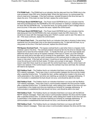 PowerXL DG1 Trouble Shooting Guide Application Note AP040085EN
Effective September 2014
EATON CORPORATION www.eaton.com 13
F74 FRAM Fault – The FRAM fault is an indication that the data sent from the FRAM chip to the
main processor chips CRC error checking failed. When this fault occurs, try cycling power the
drive to reset error messages. If the fault continues, reinstall firmware to the drive and see if it
clears the error. If this does not clear the fault, replace the control board.
F75 Power Board EEPROM Fault – The Power board EEPROM fault is an indication that the
data being transferred from the EEPROM to the main processor is reading 0, indicating there is
an issue with the EEPROM chip. To hand this issue, try cycling power to see if voltage disturb-
ance occurred. If that does not resolve the issue, replace the control board.
F76 Power Board EEPROM Fault – The Power board EEPROM fault is an indication that the
data being sent from the EEPROM to the main processor meets the CRC check error. This
would be an issue with the messages being sent. Perform a power cycle to see if the data is re-
set. If the issue continues, replace the control board.
F77 Serial Flash Fault – The serial flash fault is an indication that data is showing 0 when being
read/write from the serial flash chip on the signal processing chip. To deal with this fault, try cy-
cling power to the drive. If the fault continues, replace the control board.
F82 Bypass Overload Fault – The bypass overload fault is used when there is a bypass motor
protector used on the drive. The overload protector should be fed into the drive to indicate it has
tripped and to have the drive indicate a fault. To handle this fault, go in to the input signals and
determine which input is set up for bypass overload. If that input is correct, go to the overload
block and verify that is has been set up correctly for the application. Also, verify the wiring from
the overload to the drive and the motor connections on the overload block to make sure nothing is
loose or miss wired. If the fault will not reset, it could be an issue with the overload block. Re-
move the wiring and verify the fault resets. If it does, put a jumper to test again. If the fault
doesn’t reset then there could be an issue with the control board input, and the control board will
need to be replaced. If the Control board is okay the overload may have went bad, the overload
will need to be replaced.
F83 Fieldbus Fault – The Fieldbus fault is an indication that there is an issue with the Modbus
RTU network messages. There was a loss in communication between the drive and the master
after a specified timeout time. To handle this fault, verifies cabling from master to the drive and
verify parameters in the master and drive are matching up correctly for message addressing. If
com-munication is established the fault should not occur, and should be able to be reset.
F84 Fieldbus Fault – The Fieldbus fault is an indication that there is an issue with the Modbus
TCP network messages. There was a loss in communication between the drive and the master
after a specified timeout time. To handle this fault, verify cabling from master to the drive and veri-
fy parameters in the master and drive are matching up correctly for message addressing. If
communication is established the fault should not occur, and should be able to be reset.
F85 Fieldbus Fault – The Fieldbus fault is an indication that there is an issue with the BACnet
MS/TP network messages. There was a loss in communication between the drive and the master
after a specified timeout time. To handle this fault, verify cabling from master to the drive and veri-
fy parameters in the master and drive are matching up correctly for message addressing. If
communication is established the fault should not occur, and should be able to be reset.
F86 Fieldbus Fault – The Fieldbus fault is an indication that there is an issue with the EIP
fieldbus network messages. There was a loss in communication between the drive and the mas-
 