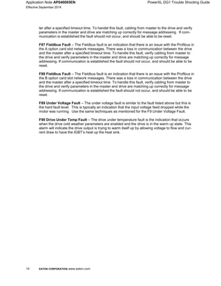 Application Note AP040085EN PowerXL DG1 Trouble Shooting Guide
Effective September 2014
14 EATON CORPORATION www.eaton.com
ter after a specified timeout time. To handel this fault, cabling from master to the drive and verify
parameters in the master and drive are matching up correctly for message addressing. If com-
munication is established the fault should not occur, and should be able to be reset.
F87 Fieldbus Fault – The Fieldbus fault is an indication that there is an issue with the Profibus in
the A option card slot network messages. There was a loss in communication between the drive
and the master after a specified timeout time. To handle this fault, verify cabling from master to
the drive and verify parameters in the master and drive are matching up correctly for message
addressing. If communication is established the fault should not occur, and should be able to be
reset.
F88 Fieldbus Fault – The Fieldbus fault is an indication that there is an issue with the Profibus in
the B option card slot network messages. There was a loss in communication between the drive
and the master after a specified timeout time. To handle this fault, verify cabling from master to
the drive and verify parameters in the master and drive are matching up correctly for message
addressing. If communication is established the fault should not occur, and should be able to be
reset.
F89 Under Voltage Fault – The under voltage fault is similar to the fault listed above but this is
the hard fault level. This is typically an indication that the input voltage feed dropped while the
motor was running. Use the same techniques as mentioned for the F9 Under Voltage Fault.
F90 Drive Under Temp Fault – The drive under temperature fault is the indication that occurs
when the drive cold weather parameters are enabled and the drive is in the warm up state. This
alarm will indicate the drive output is trying to warm itself up by allowing voltage to flow and cur-
rent draw to have the IGBT’s heat up the heat sink.
 
