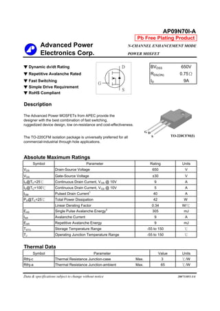 Advanced Power N-CHANNEL ENHANCEMENT MODE
Electronics Corp. POWER MOSFET
▼ Dynamic dv/dt Rating BVDSS 650V
▼ Repetitive Avalanche Rated RDS(ON) 0.75Ω
▼ Fast Switching ID 9A
▼ Simple Drive Requirement
▼ RoHS Compliant
Description
Absolute Maximum Ratings
Symbol Units
VDS Drain-Source Voltage V
VGS Gate-Source Voltage V
ID@TC=25℃ Continuous Drain Current, VGS @ 10V A
ID@TC=100℃ Continuous Drain Current, VGS @ 10V A
IDM Pulsed Drain Current1
A
PD@TC=25℃ Total Power Dissipation W
W/℃
EAS Single Pulse Avalanche Energy2
mJ
IAR Avalanche Current A
EAR Repetitive Avalanche Energy mJ
TSTG ℃
TJ Operating Junction Temperature Range ℃
Thermal Data
Symbol Value Units
Rthj-c Thermal Resistance Junction-case Max. 3 ℃/W
Rthj-a Thermal Resistance Junction-ambient Max. 65 ℃/W
Data & specifications subject to change without notice
Parameter
Storage Temperature Range
AP09N70I-A
-55 to 150
9
40
42
±30
Pb Free Plating Product
9
5
305
Rating
650
200711051-1/4
Linear Derating Factor 0.34
9
-55 to 150
Parameter
G
D
S
G D
S TO-220CFM(I)
The Advanced Power MOSFETs from APEC provide the
designer with the best combination of fast switching,
ruggedized device design, low on-resistance and cost-effectiveness.
The TO-220CFM isolation package is universally preferred for all
commercial-industrial through hole applications.
 
