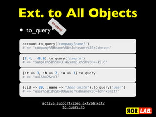 Ext. to All Objects
               es
                    ca

•
                         pe
    to_query                  d



account.to_query('company[name]')
# => "company%5Bname%5D=Johnson+%26+Johnson"


[3.4, -45.6].to_query('sample')
# => "sample%5B%5D=3.4&sample%5B%5D=-45.6"


{:c => 3, :b => 2, :a => 1}.to_query
# => "a=1&b=2&c=3"


{:id => 89, :name => "John Smith"}.to_query('user')
# => "user%5Bid%5D=89&user%5Bname%5D=John+Smith"


         active_support/core_ext/object/
                   to_query.rb
 