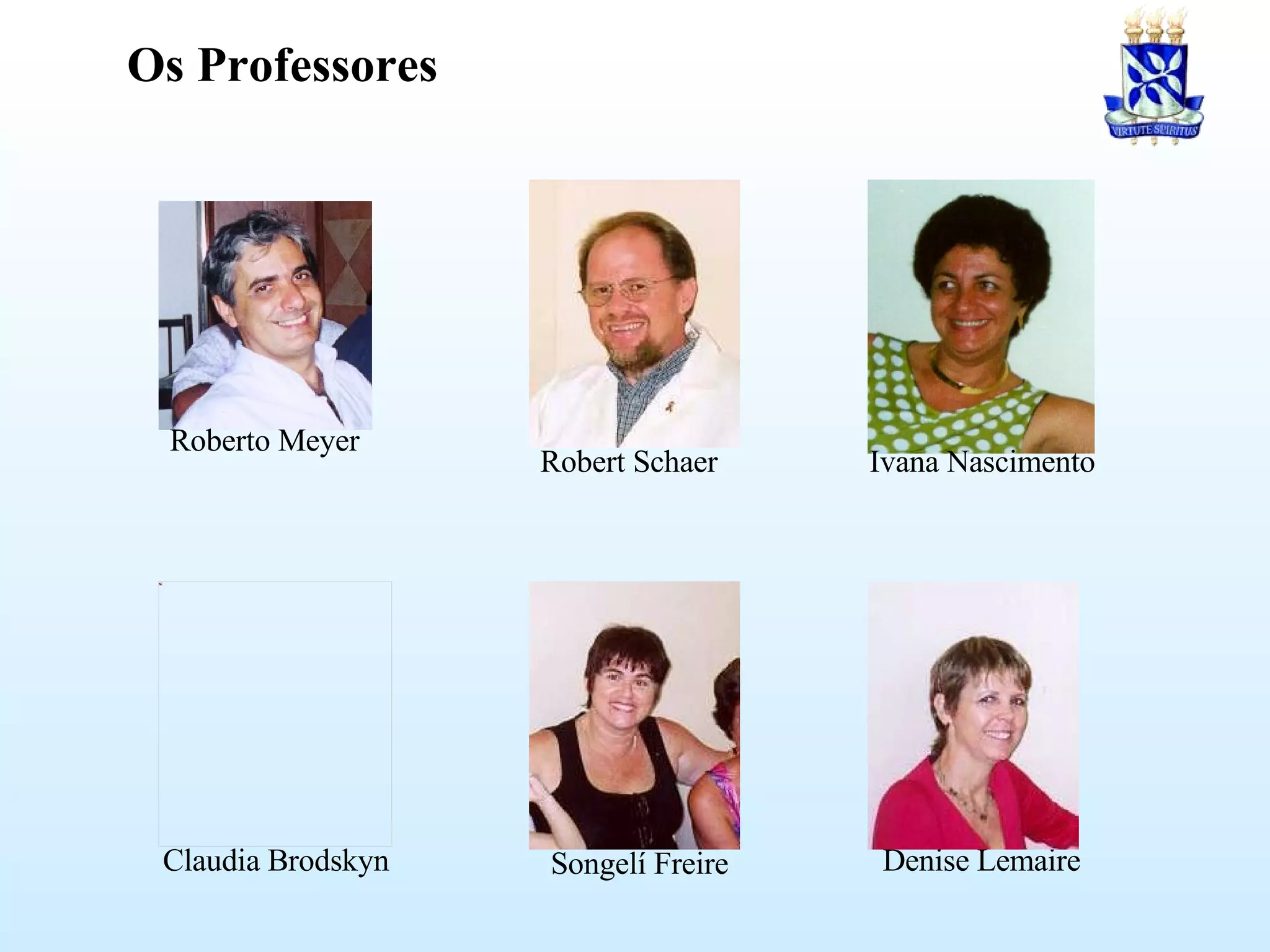 Os Professores Roberto Meyer Ivana Nascimento Robert Schaer Claudia Brodskyn Songelí Freire Denise Lemaire 