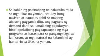  Sa kabila ng pakinabang na nakukuha mula
sa mga likas na yaman, patuloy itong
nasisira at nauubos dahil sa mapang-
abusong paggamit dito. Ang pagtaas ng
demand dahil sa lumalaking populasyon,
hindi epektibong pagpapatupad ng mga
programa at batas para sa pangangalaga sa
kalikasan, at mga natural na kalamidad ay
banta rin sa likas na yaman.
 