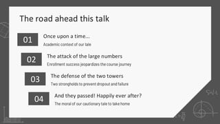 The road ahead this talk
Two strongholdsto prevent dropout andfailure
Academic context of our tale
Enrollment success jeopardizes the course journey
The moral of our cautionary tale to take home
01
03
02
04
Once upon a time...
The attack of the large numbers
The defense of the two towers
And they passed! Happily ever after?
 