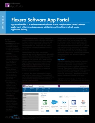 DATASHEET
App Portal enables IT to enforce continual software license compliance and control software
deployment, while increasing employee satisfaction and the efficiency of self-service
application delivery.
Benefits to
Your Organization:
• Empowers business users
with a single place to
access and download
on-premise, cloud-based
or mobile applications at
anytime from anywhere.
• Increases IT
responsiveness by
automating software
delivery across complex
enterprise environments
and aligning service
levels with metrics
relevant to the user
experience.
• Reduces support costs
through decreased
administration expenses
and service desk call
volumes to improve
user satisfaction on
both sides of the IT
Service Desk.
• Increases governance
over application
usage with a central
repository of well-
vetted applications
and services that are
delivered via role-based
application distribution.
• Enhances overall
software asset
management by
eliminating shelfware
and compliance
issues with visibility
into software licenses
deployed, combined
with the ability to
automatically reclaim
and recycle
software licenses.
The enterprise app store is a critical component for
governing desktop, cloud, and mobile applications
in today’s enterprise environment. Consumer app
stores can expose enterprises to potential risks
and new threats from unapproved apps, while
simultaneously raising employee expectations of
self-service.
Flexera Software App Portal is a universal
enterprise app store for desktop, cloud, and mobile
applications that enables IT to maintain the control
necessary to ensure compliance with licensing
agreements and corporate policy while reducing
software costs and maximizing software usage.
App Portal provides seamless integration with
Software License Optimization processes that
enable the automated reclamation of unused
software to avoid overspending on expensive
enterprise software licenses.
In addition, App Portal addresses the business
need to control the distribution of approved and
authorized applications and the user’s expectations
of a consumer-driven experience for accessing IT
services in the workplace.
The enterprise app store also provides an ideal
place in which IT can connect more closely with
the business in ways that minimize business risk
and save the company money. Through the app
store, employees take responsibility for the software
they use, ensuring that applications are necessary
and properly licensed. By harnessing the power
of the employee community, IT can better control
application usage, ensure compliance with software
license agreements, and reduce overspending
on software.
App Portal
Flexera Software App Portal makes the enterprise
app store a reality. With this solution, business
people serve themselves while IT maintains
governance and control of software approval and
licensing. The end-to-end fulfillment process runs
automatically, gathering approvals where necessary,
enforcing proper licensing, verifying successful
installation, maintaining a detailed audit trail and
keeping the requestor informed of the status.
App Portal recommends apps for other devices
registered to the user, giving employees the ability to
Flexera Software App Portal
Figure 1: Flexera Software App Portal presents users with a familiar browser interface that lets them order and receive
applications in minutes.
 