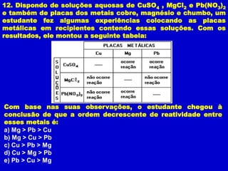 12. Dispondo de soluções aquosas de CuSO4 , MgCl2 e Pb(NO3)2
e também de placas dos metais cobre, magnésio e chumbo, um
estudante fez algumas experiências colocando as placas
metálicas em recipientes contendo essas soluções. Com os
resultados, ele montou a seguinte tabela:




Com base nas suas observações, o estudante chegou à
conclusão de que a ordem decrescente de reatividade entre
esses metais é:
a) Mg > Pb > Cu
b) Mg > Cu > Pb
c) Cu > Pb > Mg
d) Cu > Mg > Pb
e) Pb > Cu > Mg
 