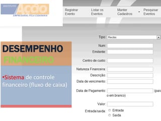 DESEMPENHO
FINANCEIRO
•Sistema de controle
financeiro (fluxo de caixa)
 