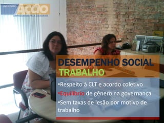 DESEMPENHO SOCIAL
TRABALHO
•Respeito à CLT e acordo coletivo
•Equilíbrio de gênero na governança
•Sem taxas de lesão por motivo de
trabalho
 
