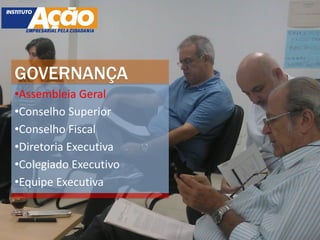 GOVERNANÇA
•Assembleia Geral
•Conselho Superior
•Conselho Fiscal
•Diretoria Executiva
•Colegiado Executivo
•Equipe Executiva
 