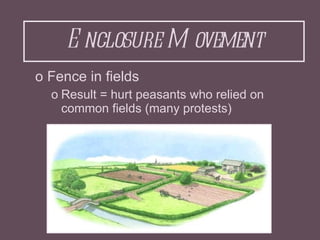 Enclosure Movement <ul><li>Fence in fields  </li></ul><ul><ul><li>Result = hurt peasants who relied on common fields (many...