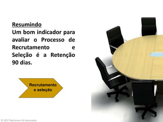 © 2017 Bachmann & Associados
Resumindo
Um bom indicador para
avaliar o Processo de
Recrutamento e
Seleção é a Retenção
90 dias.
Recrutamento
e seleção
 