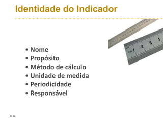 Identidade do Indicador
• Nome
• Propósito
• Método de cálculo
• Unidade de medida
• Periodicidade
• Responsável
17:58
 