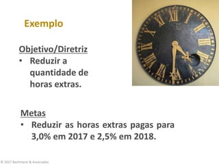 © 2017 Bachmann & Associados
Exemplo
Objetivo/Diretriz
• Reduzir a
quantidade de
horas extras.
Metas
• Reduzir as horas extras pagas para
3,0% em 2017 e 2,5% em 2018.
 