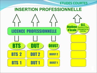 ETUDES COURTES
 INSERTION PROFESSIONNELLE


                                              D.E.
                                Diplôme Diplôme d’État
                                d’école PARAMEDICAL
LICENCE PROFESSIONNELLE                    SOCIAL




BTS      DUT      DEUST

BTS 2    DUT 2     DEUST 2


BTS 1    DUT 1     DEUST 1
 